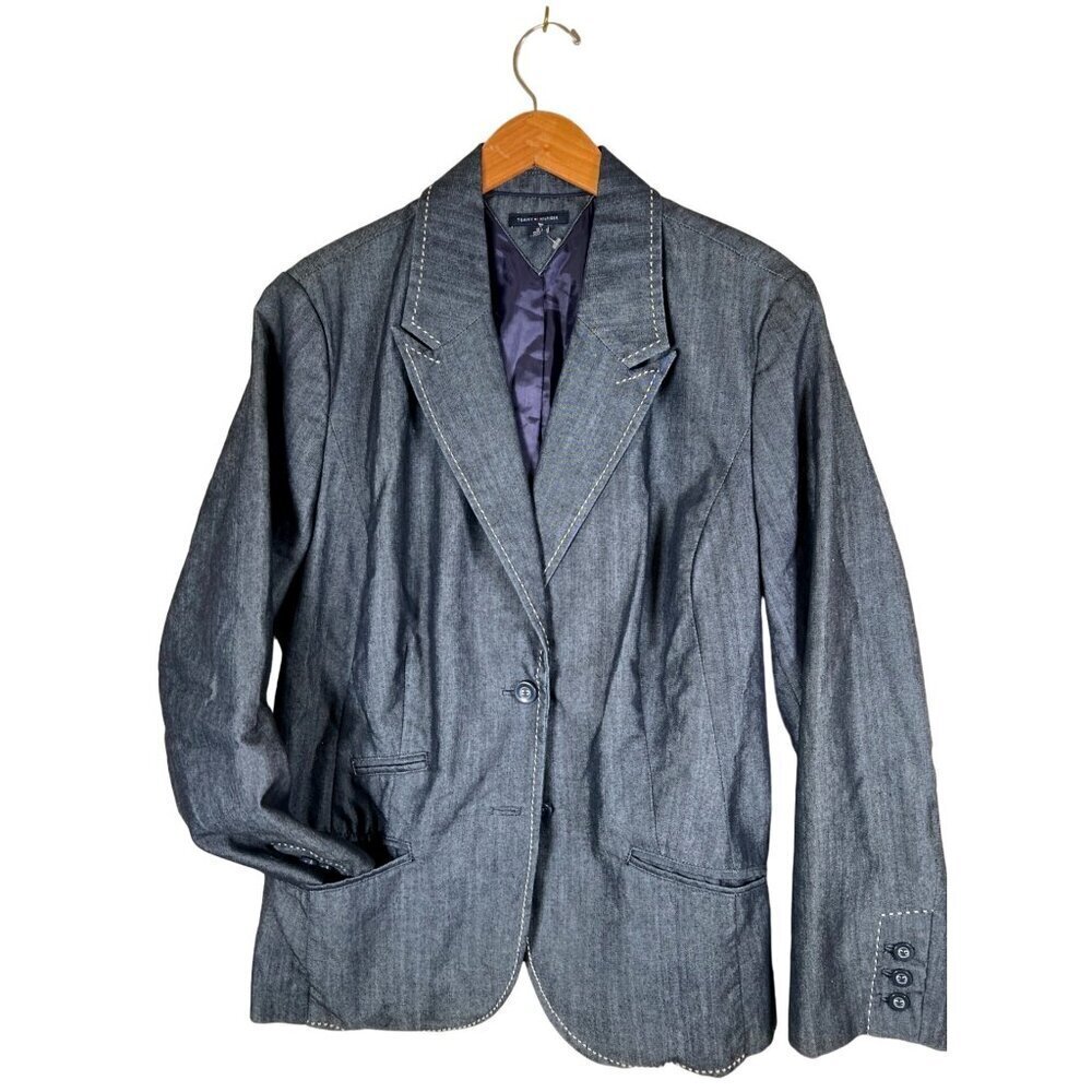 Tommy Hilfiger Women Size 18 Navy Denim Blazer Suit Jacket Lined Contrast Stitch